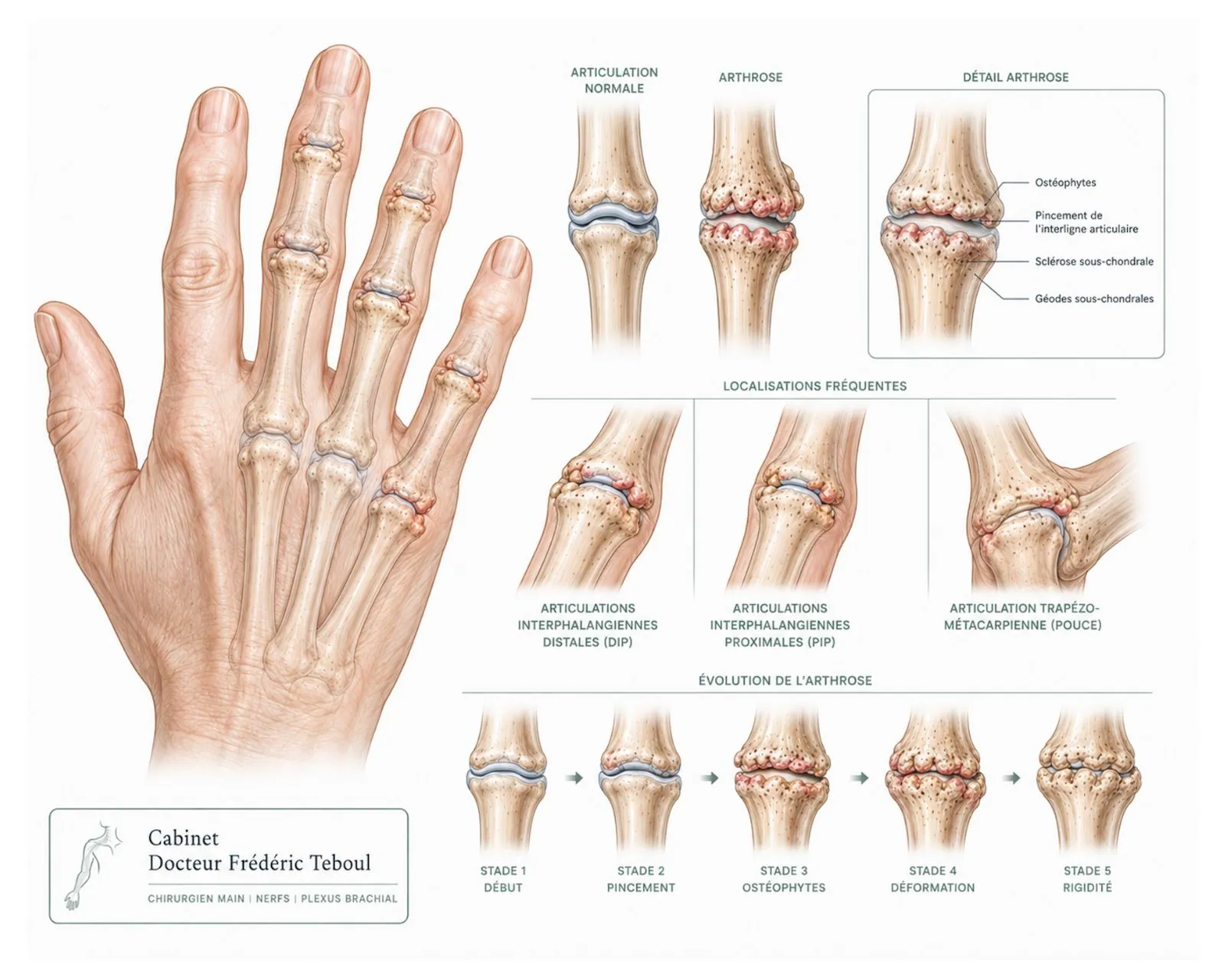 Arthrose des doigts : articulation normale et arthrosique, localisations et stades d'évolution — Dr Frédéric Teboul, chirurgien spécialiste de la main à Paris
