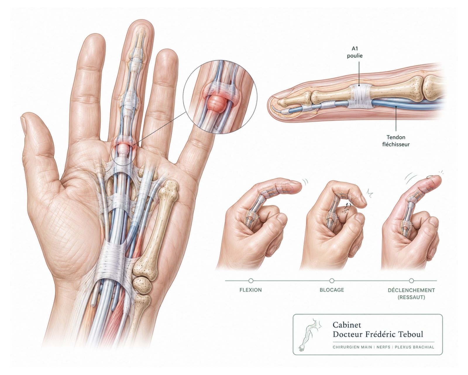 Doigt à ressaut : nodule du tendon fléchisseur sous la poulie A1, flexion, blocage et déclenchement — Dr Frédéric Teboul, chirurgien spécialiste de la main à Paris