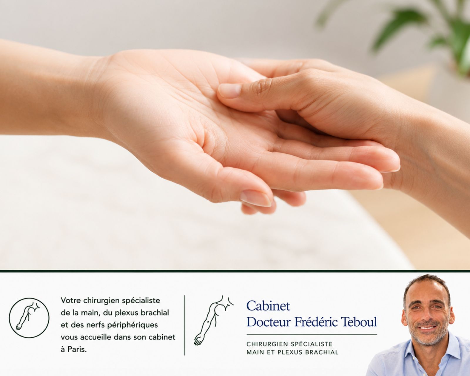 Consultation au cabinet du Dr Frédéric Teboul, examen d'un poignet arthrosique avant pose d'un implant pyrocarbone du capitatum — chirurgie du poignet par le Dr Frédéric Teboul, chirurgien spécialiste de la main à Paris