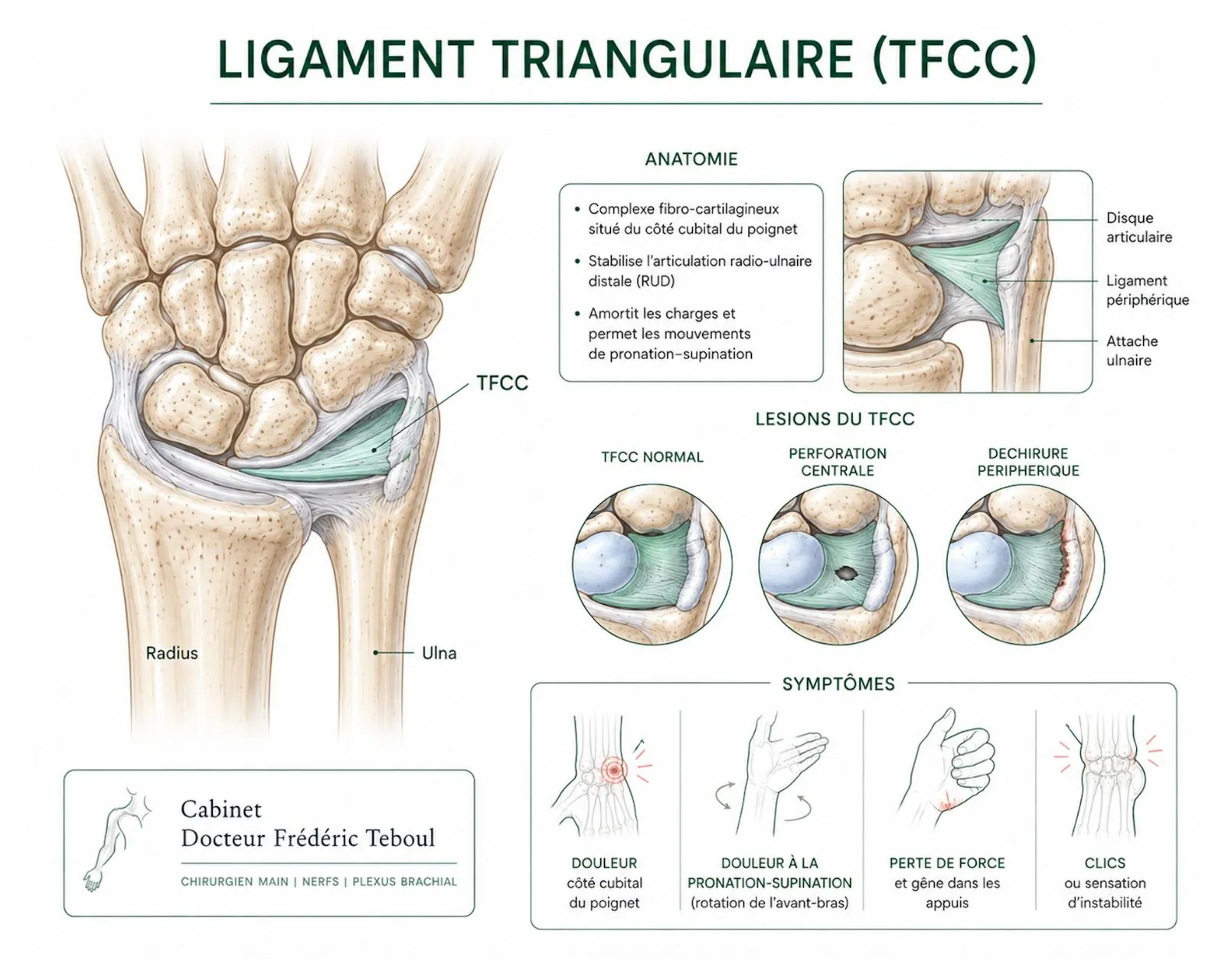 Lésion du ligament triangulaire du poignet (TFCC) : anatomie, perforation centrale et déchirure périphérique — Dr Frédéric Teboul, chirurgien spécialiste de la main à Paris