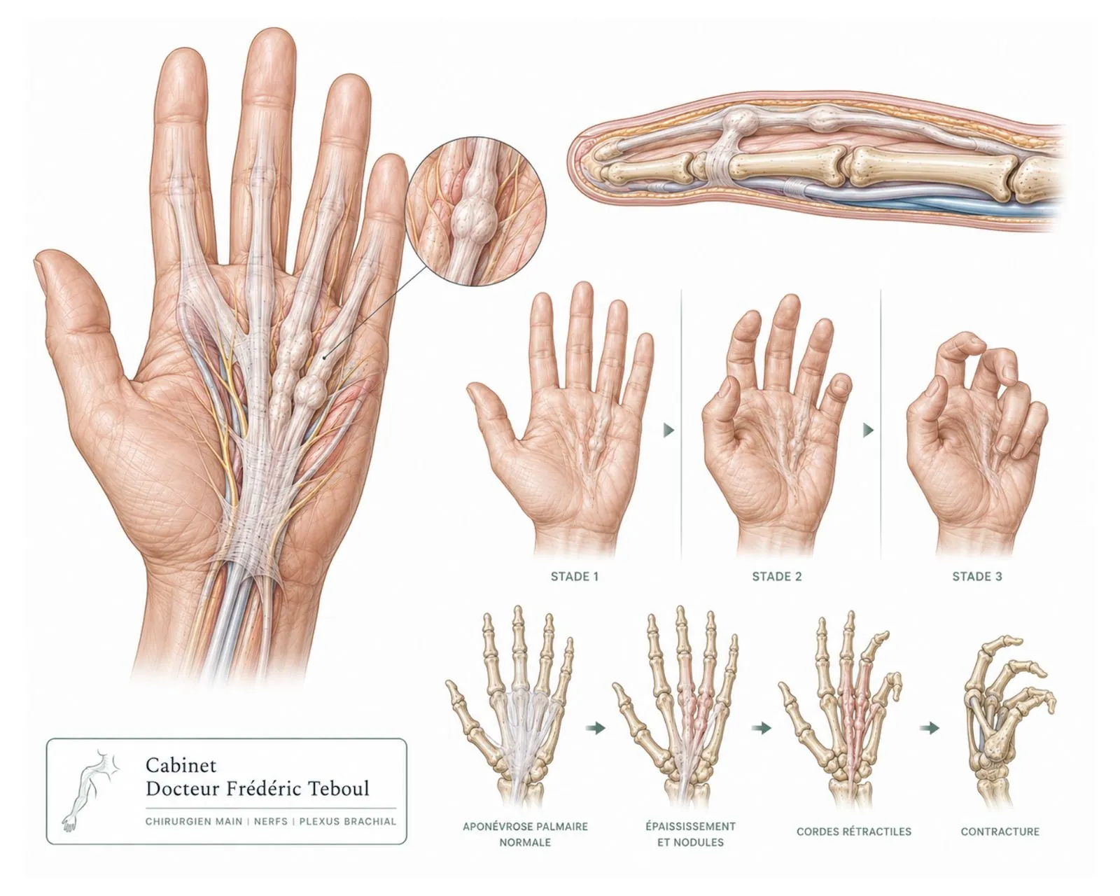 Maladie de Dupuytren : nodules, cordes rétractiles de l'aponévrose palmaire et stades de contracture — Dr Frédéric Teboul, chirurgien spécialiste de la main à Paris