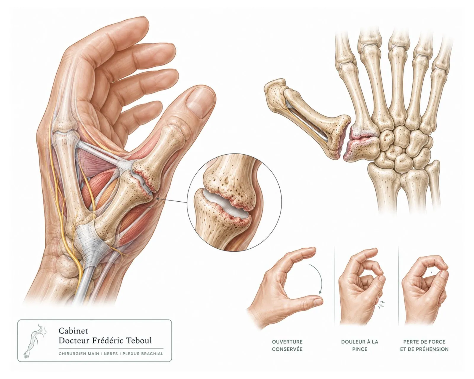 Rhizarthrose : arthrose trapézo-métacarpienne du pouce, détail articulaire et gêne à la pince — Dr Frédéric Teboul, chirurgien spécialiste de la main à Paris