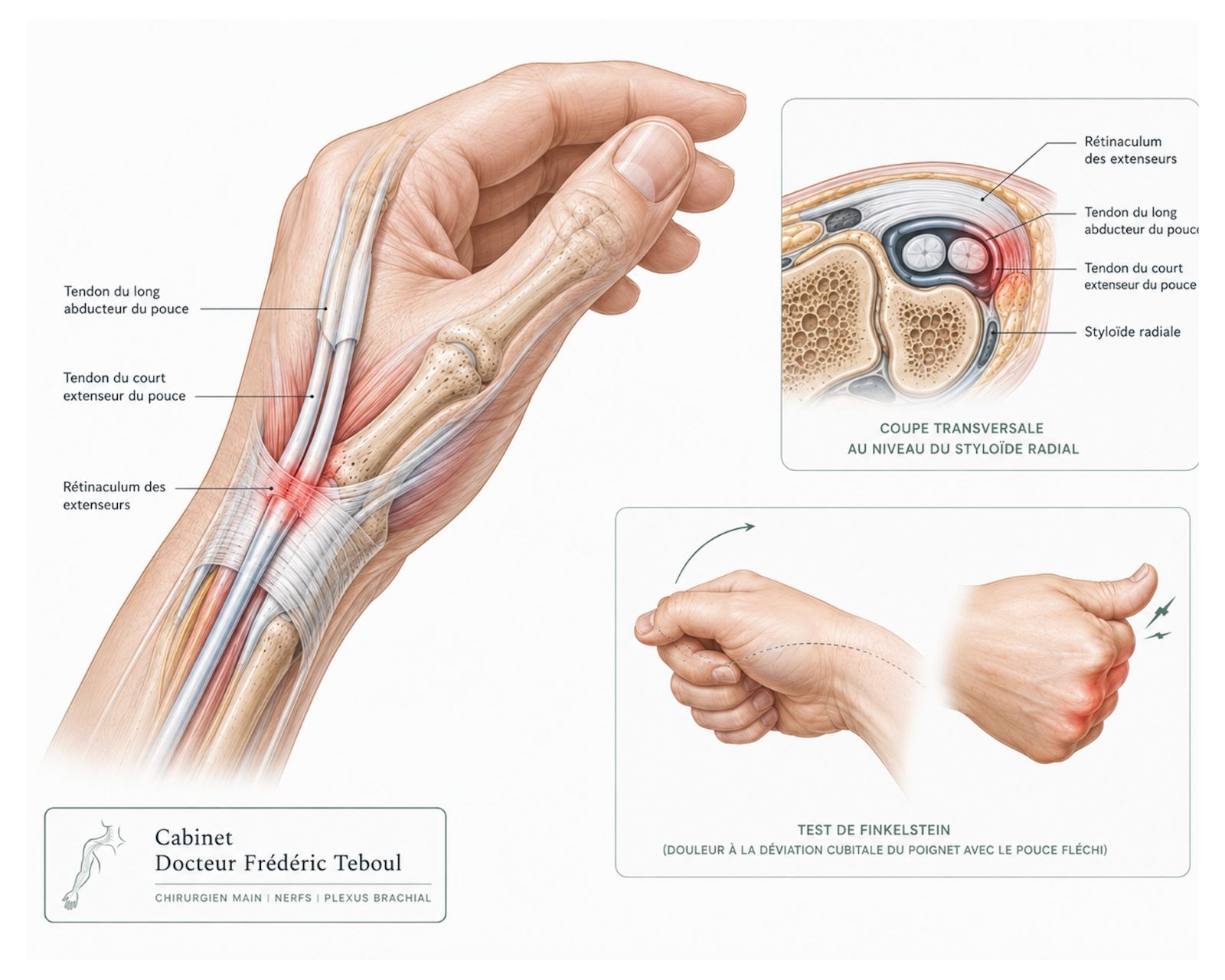 Tendinite de De Quervain : tendons du pouce, coupe au styloïde radial et test de Finkelstein — Dr Frédéric Teboul, chirurgien spécialiste de la main à Paris